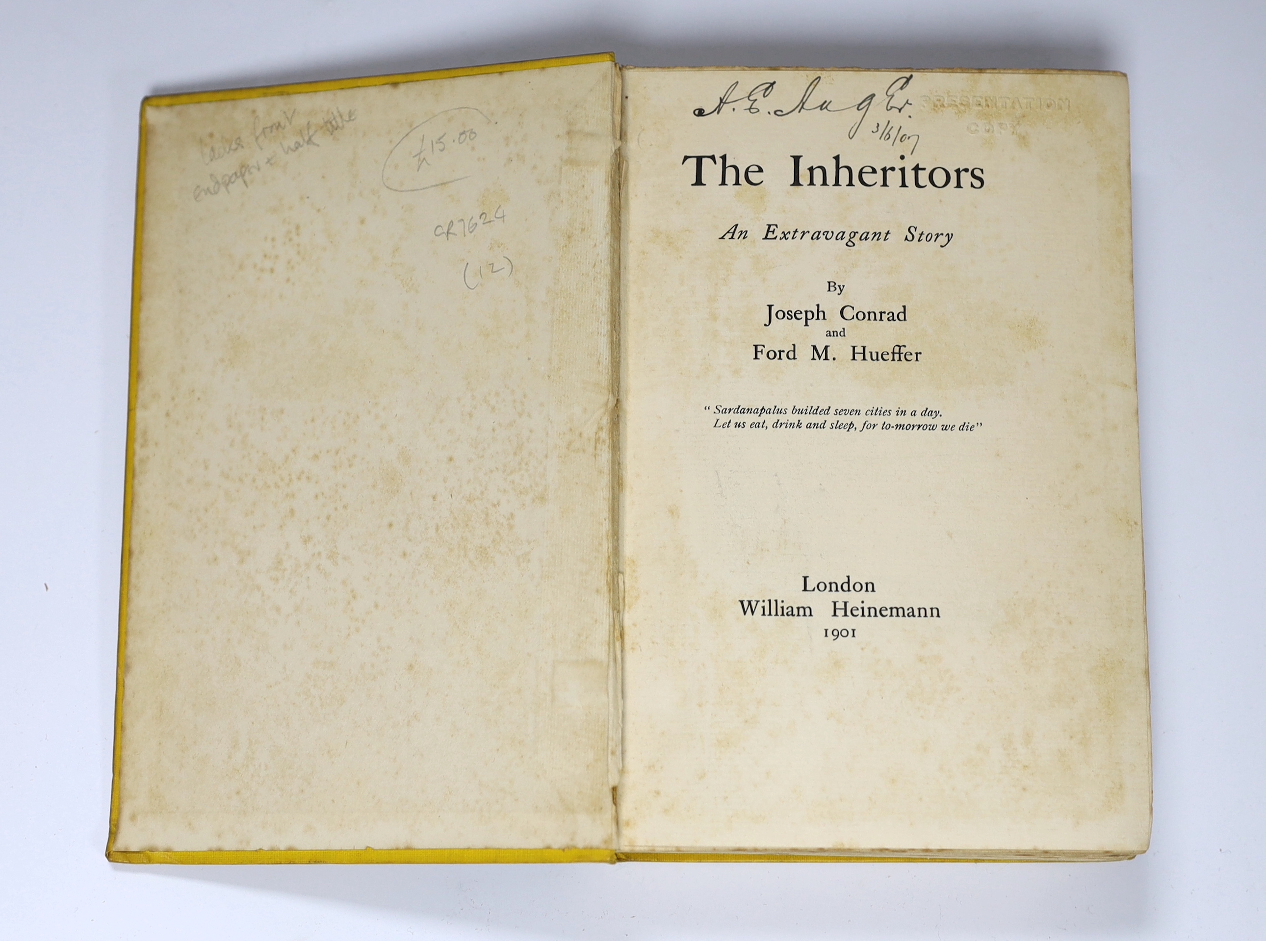 Conrad, Joseph and Hueffer, Ford Madox - The Inheritors: An Extravagant Story, 1st English edition, 8vo, yellow pictorial cloth, without dedication leaf later inserted in some copies, lacks front endpaper and half title,
